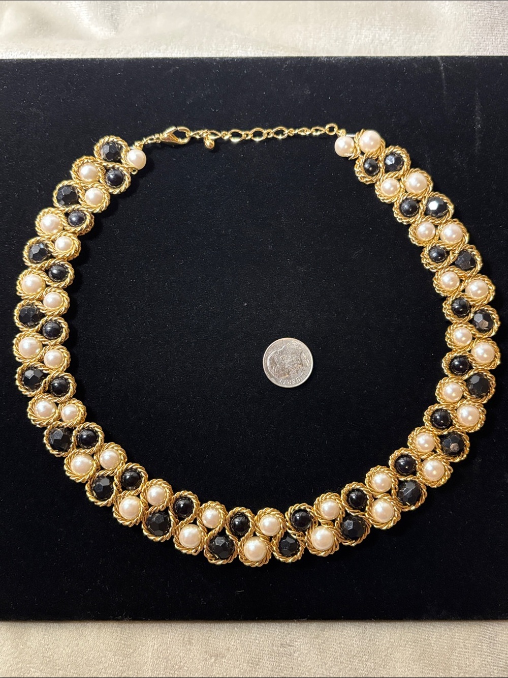Vintage Gold Tone Pearl and Black Stone Choker Necklace -Classic Women's Jewelry